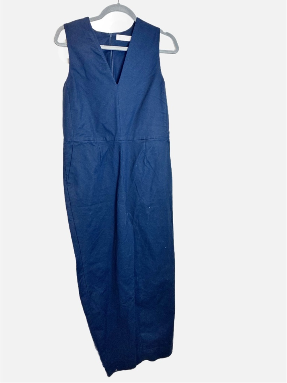 Everlane | Navy Structured Cotton Jumpsuit Sleeveless V-Neck Slim Fit Size 4 - Picture 2 of 6
